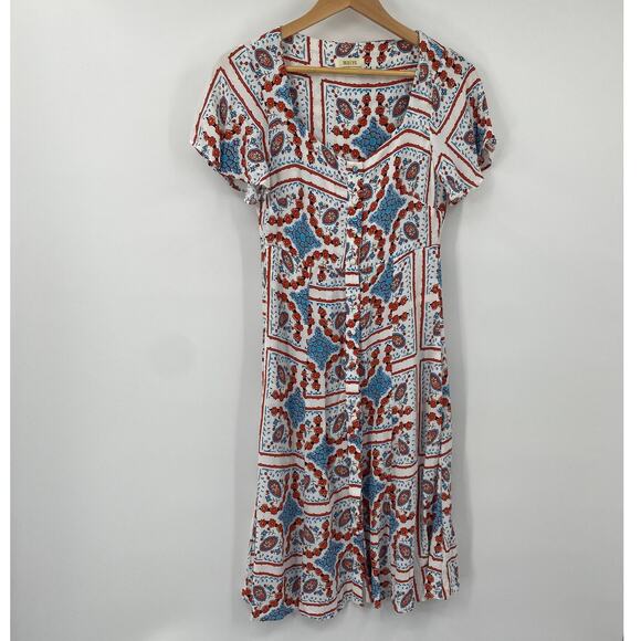 Anthropologie Maeve Praslin Mini Dress Floral Geometric Print Retro White Blue 2 - Picture 3 of 9